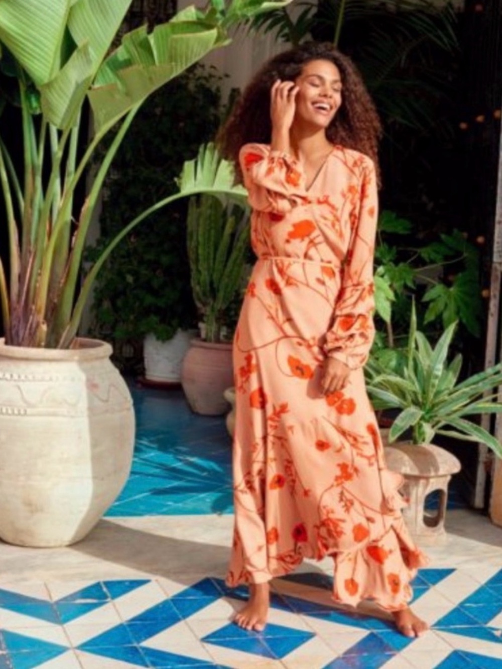 Johanna Ortiz Beige Maxi Dress with Red Floral Print